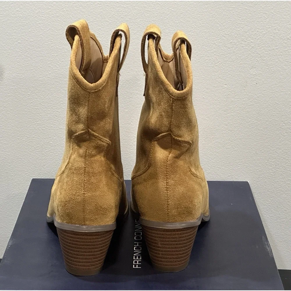 FRENCH CONNECTION COGNAC VEGAN LEATHER SUEDE WOMEN'S COWBOY STYLE BOOTS SZ 9 NIB